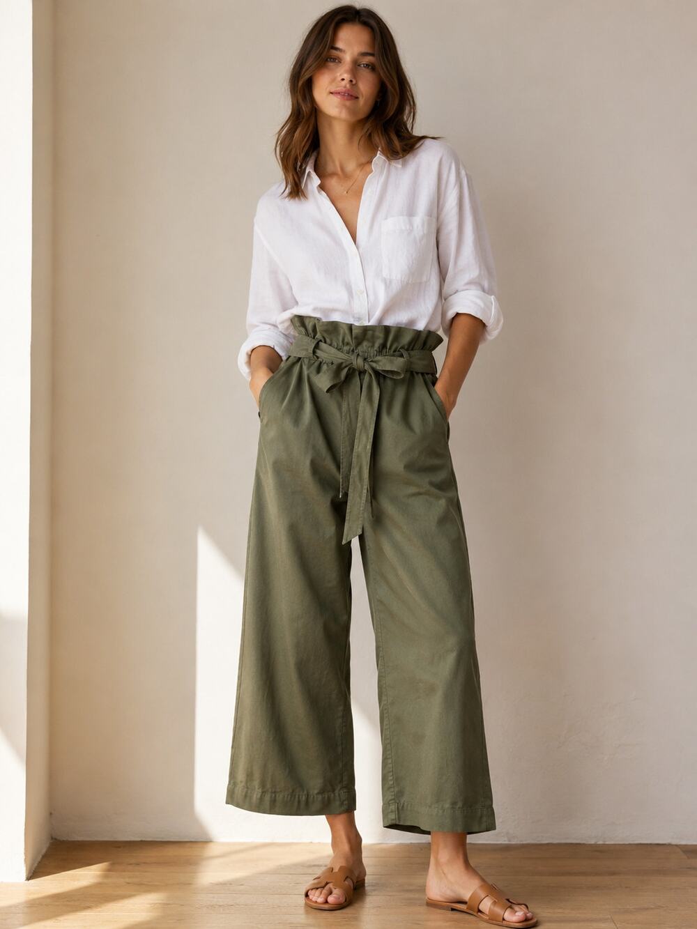Frame SZ S Paper Bag Cropped Wide Leg High Rise Trouser Deep Army Green $260